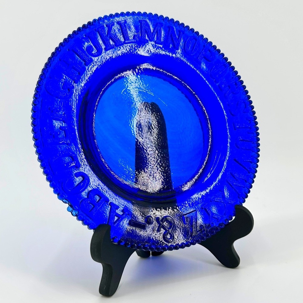 Vintage Cobalt Blue 7" Round ABC Alphabet Glass Plate‎ Beaded Edge